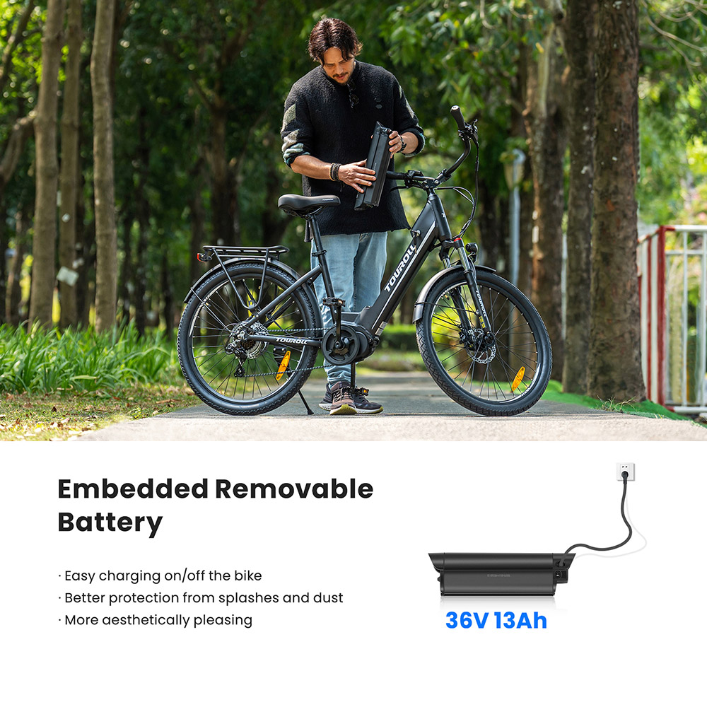 Touroll MA1 Electric Bike, 250W Mid-drive Motor, 36V 13Ah batéria, 26 palcové pneumatiky, max. rýchlosť 25 km/h, max. dojazd 110 km, hydraulické kotúčové brzdy, odpružená vidlica s uzamykaním, Shimano 7 rýchlostí - EU Plug