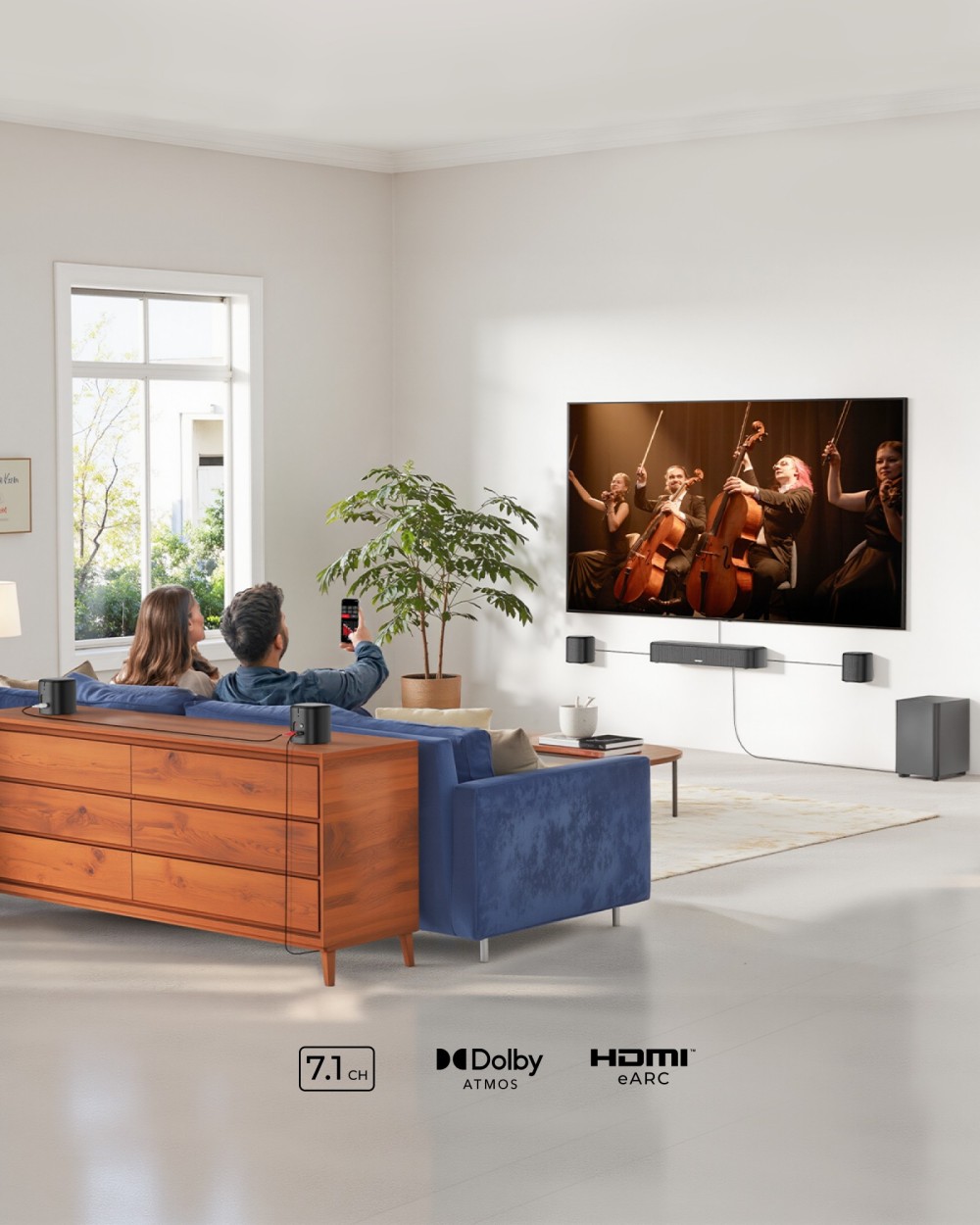 Ultimea Aura A60 7.1 Soundbar + 2 páry * Steady 310 reproduktorových stojanov, inteligentná aplikácia APP & hlasové ovládanie, technológia BassMX, špičkový výkon 350 W, HDMI eARC, 4 priestorové reproduktory, pre Smart TV