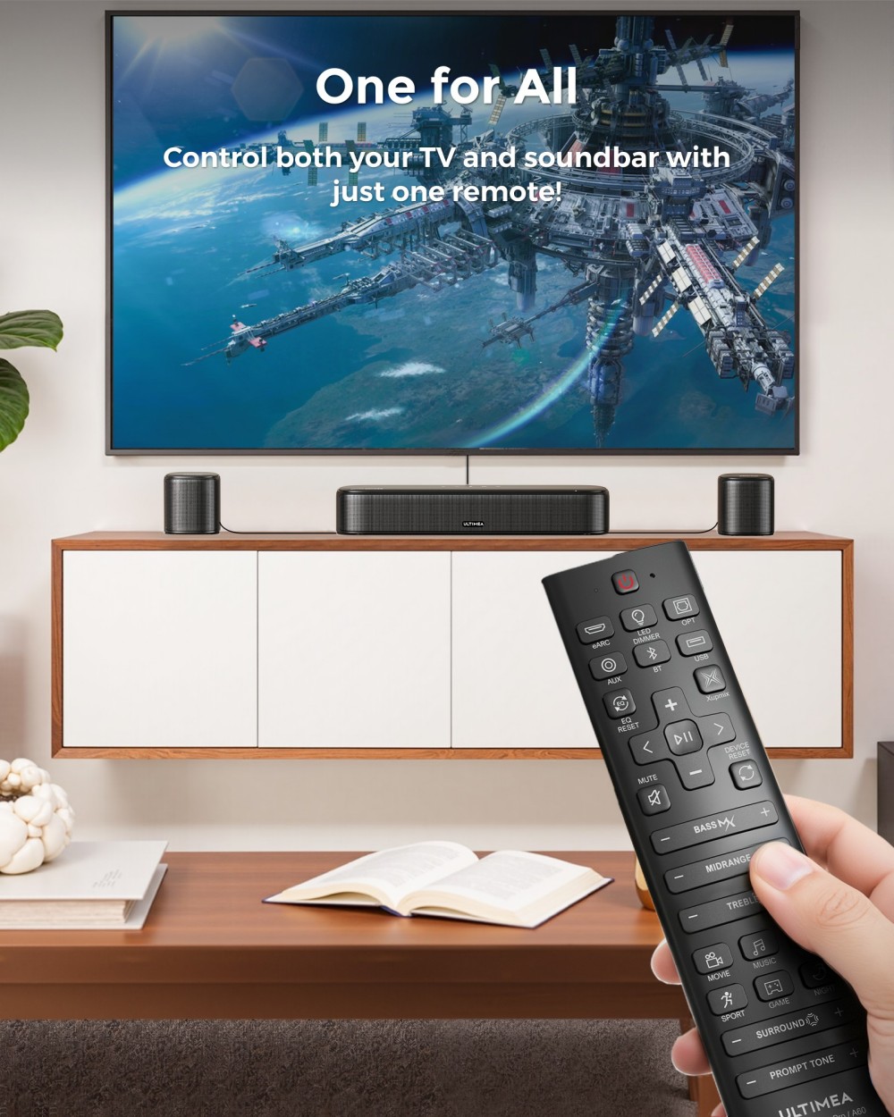 Ultimea Aura A60 7.1 Soundbar + 2 páry * Steady 310 reproduktorových stojanov, Smart APP & hlasové ovládanie, technológia BassMX, špičkový výkon 350 W, HDMI eARC, 4 priestorové reproduktory, pre Smart TV