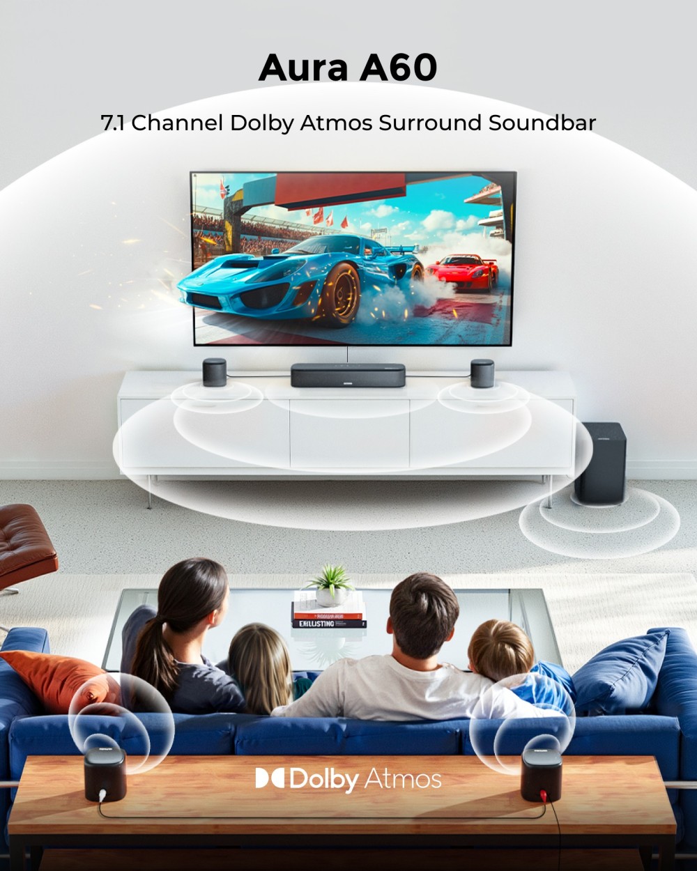 Ultimea Aura A60 7.1 Soundbar + 2 páry * Steady 310 reproduktorových stojanov, Smart APP & hlasové ovládanie, technológia BassMX, špičkový výkon 350 W, HDMI eARC, 4 priestorové reproduktory, pre Smart TV