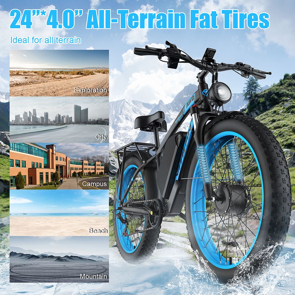 Vitilan H5 Electric Bike, 1000W*2 Motor, 52V 25Ah Battery, 24*4.0 palcové tučné pneumatiky, max. rýchlosť 64 km/h, dojazd 105 km, predné & zadné hydraulické brzdy, odpružená predná vidlica, Shimano 7 rýchlostí
