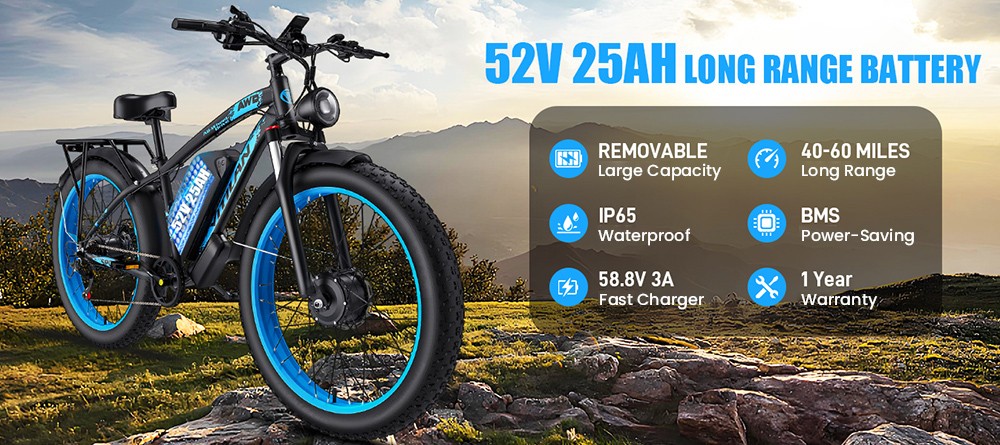 Vitilan H5 Electric Bike, 1000W*2 Motor, 52V 25Ah Battery, 24*4.0 palcové tukové pneumatiky, max. rýchlosť 64 km/h, dojazd 105 km, predné & zadné hydraulické brzdy, odpružená predná vidlica, Shimano 7 rýchlostí