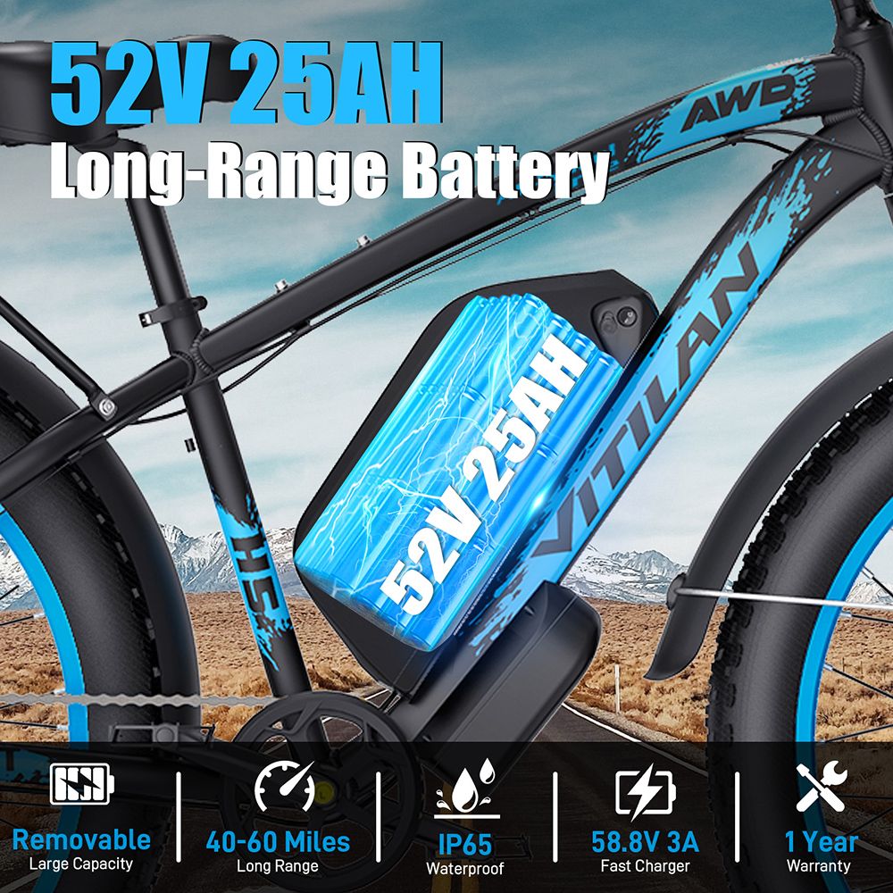 Vitilan H5 Electric Bike, 1000W*2 Motor, 52V 25Ah Battery, 24*4.0 palcové tukové pneumatiky, max. rýchlosť 64 km/h, dojazd 105 km, predné & zadné hydraulické brzdy, odpružená predná vidlica, Shimano 7 rýchlostí