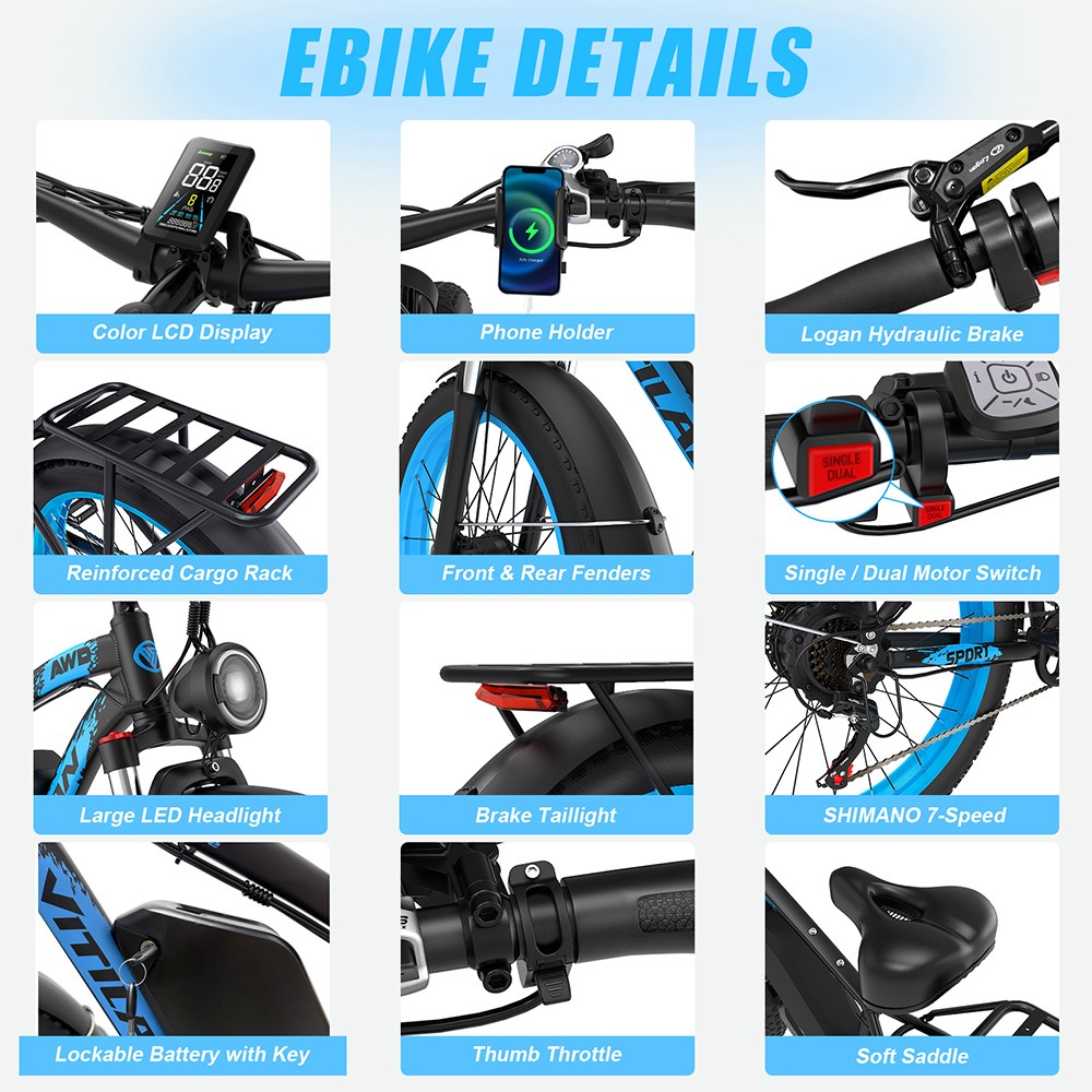 Vitilan H5 Electric Bike, 1000W*2 Motor, 52V 25Ah Battery, 24*4.0 palcové tukové pneumatiky, max. rýchlosť 64 km/h, dojazd 105 km, predné & zadné hydraulické brzdy, odpružená predná vidlica, Shimano 7 rýchlostí