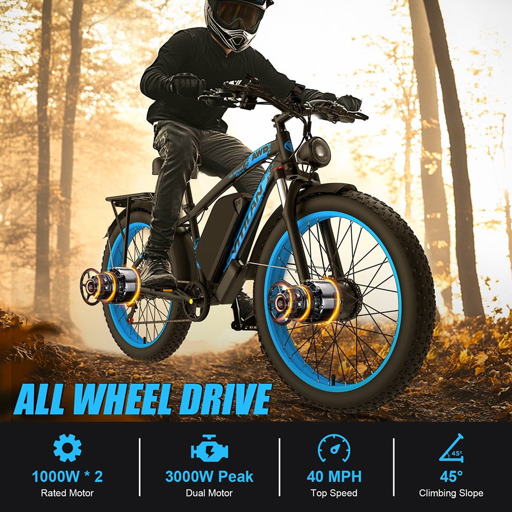 Vitilan H5 Electric Bike, 1000W*2 Motor, 52V 25Ah Battery, 24*4.0 palcové tukové pneumatiky, max. rýchlosť 64 km/h, dojazd 105 km, predné & zadné hydraulické brzdy, odpružená predná vidlica, Shimano 7 rýchlostí