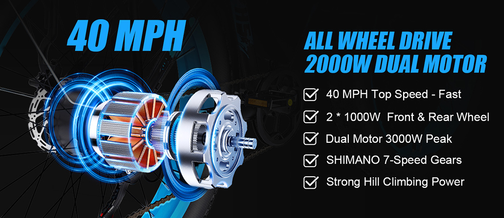 Vitilan H5 Electric Bike, 1000W*2 Motor, 52V 25Ah Battery, 24*4.0 palcové tučné pneumatiky, max. rýchlosť 64 km/h, dojazd 105 km, predné & zadné hydraulické brzdy, odpružená predná vidlica, Shimano 7 rýchlostí