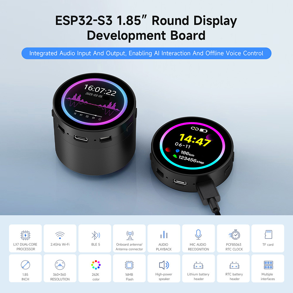 Waveshare ESP32-S3 1.85inch LCD Development Board, 360×360, Up to 240MHz Frequency, Supports Wi-Fi & Bluetooth, AI Speech