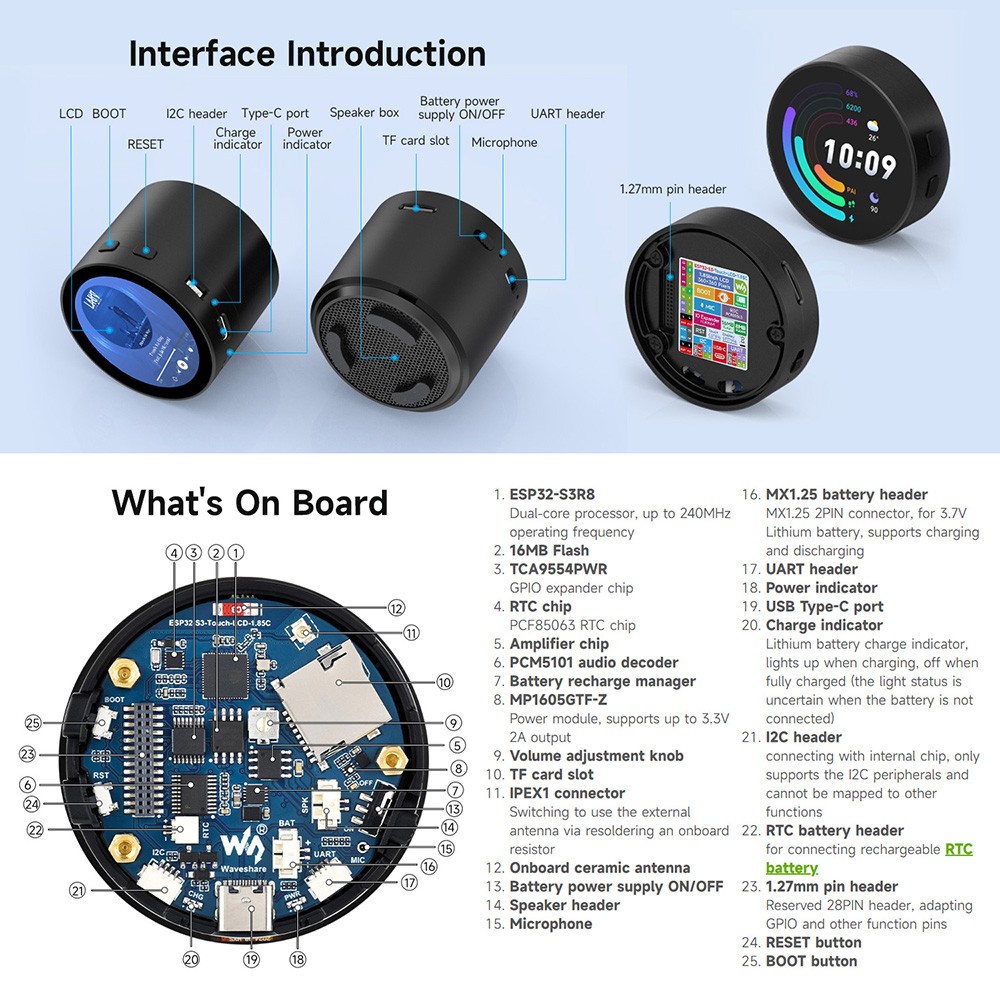 Waveshare ESP32-S3 1.85inch LCD Development Board, 360×360, Up to 240MHz Frequency, Supports Wi-Fi & Bluetooth, AI Speech