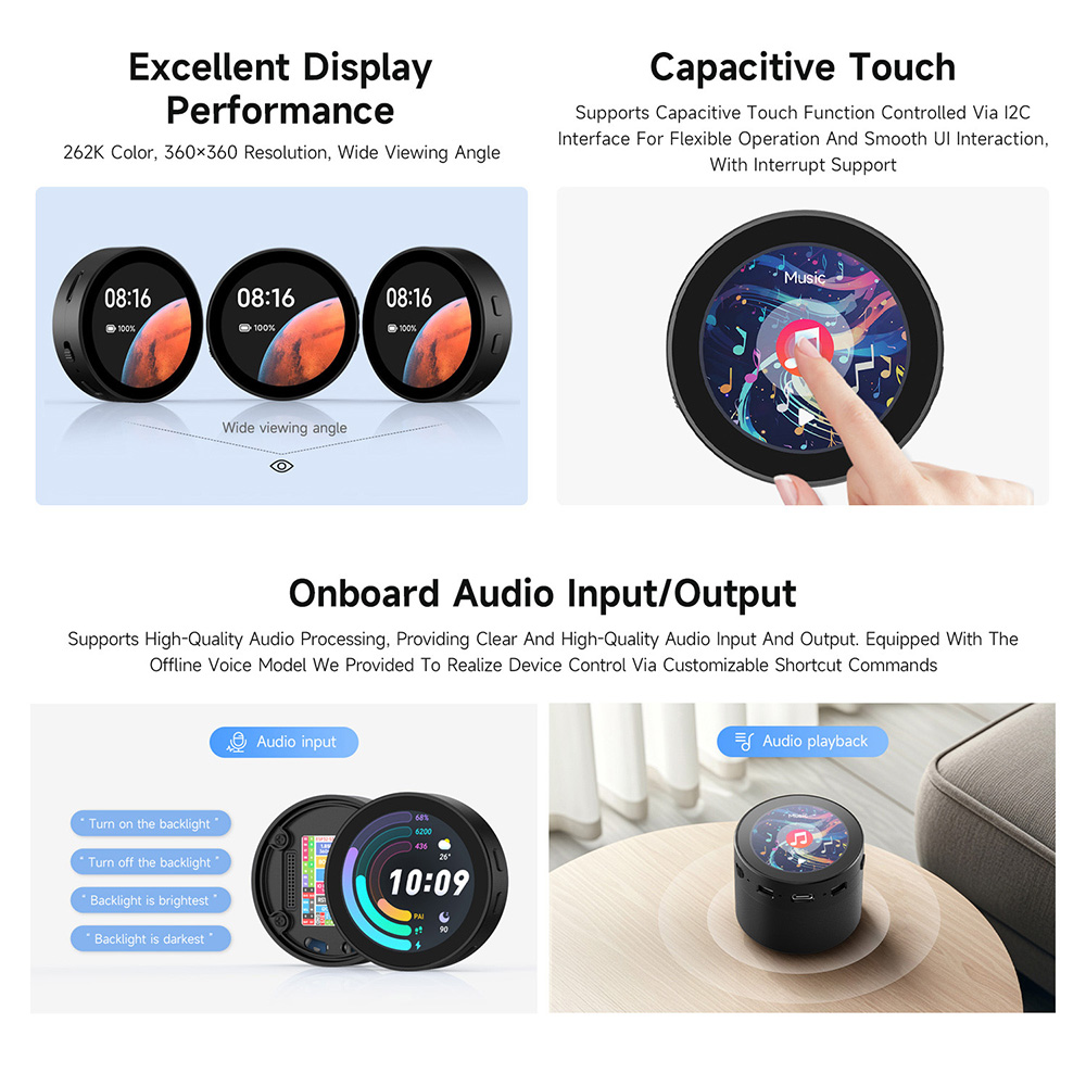 Waveshare ESP32-S3 1.85inch Round LCD Development Board, 360×360, Up to 240MHz Frequency, Supports Wi-Fi & Bluetooth, AI Speech, Smart Speaker, Battery Not Included