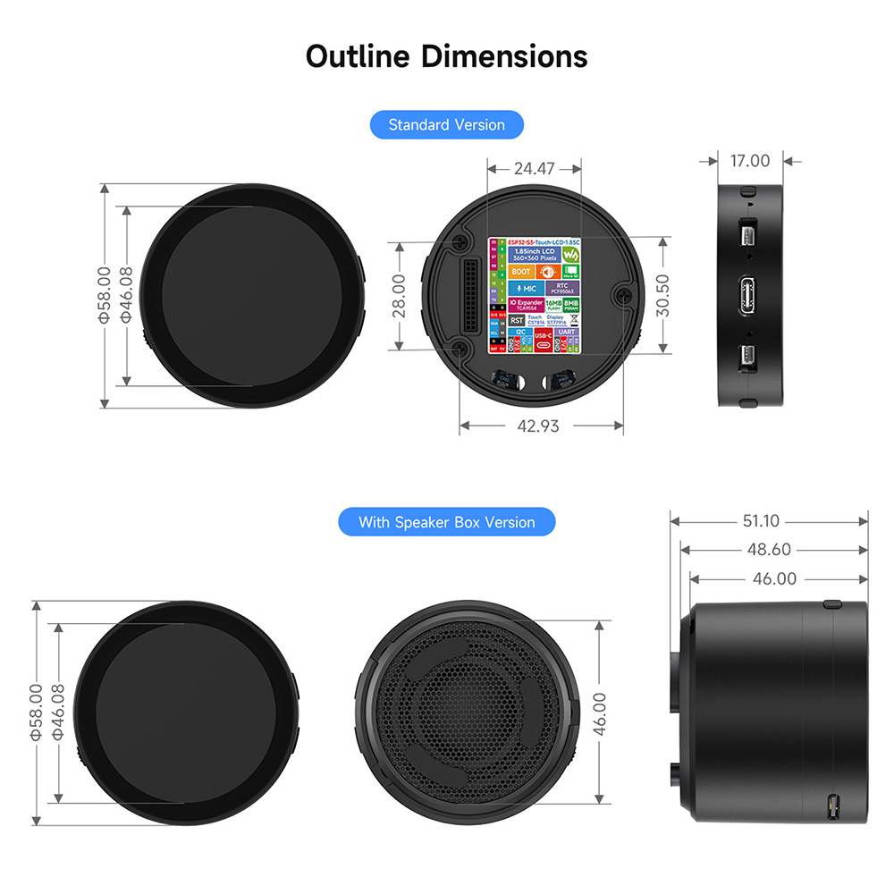 Waveshare ESP32-S3 1.85inch Round LCD Development Board, 360×360, Up to 240MHz Frequency, Supports Wi-Fi & Bluetooth, AI Speech, Smart Speaker, Battery Not Included