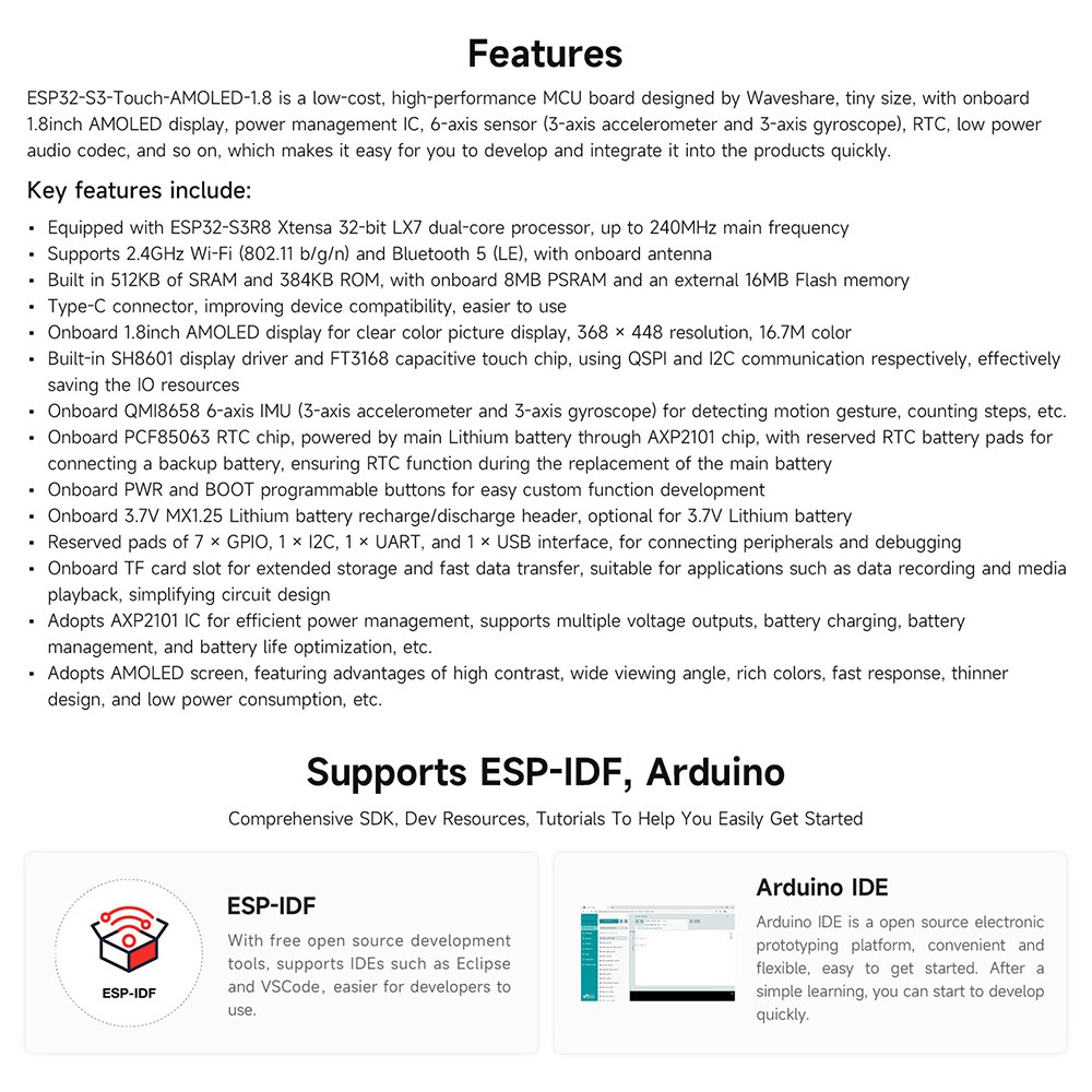 Waveshare ESP32-S3 1.8inch AMOLED Development Board, Touch Display, 32-bit LX7 Dual-core Processor, 368×448 Pixels, Accelerometer And Gyroscope Sensor, without Battery