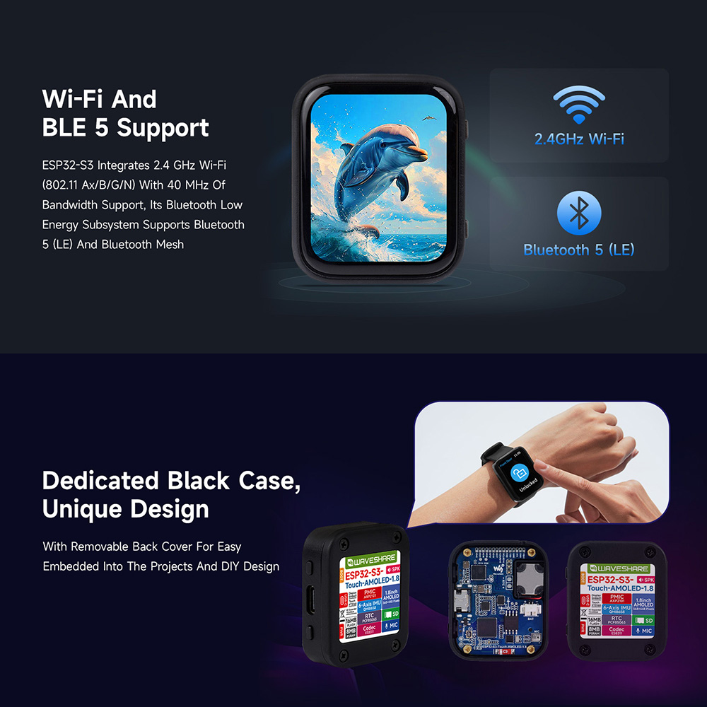 Waveshare ESP32-S3 1.8inch AMOLED Development Board, Touch Display, 32-bit LX7 Dual-core Processor, 368×448 Pixels, Accelerometer And Gyroscope Sensor, without Battery