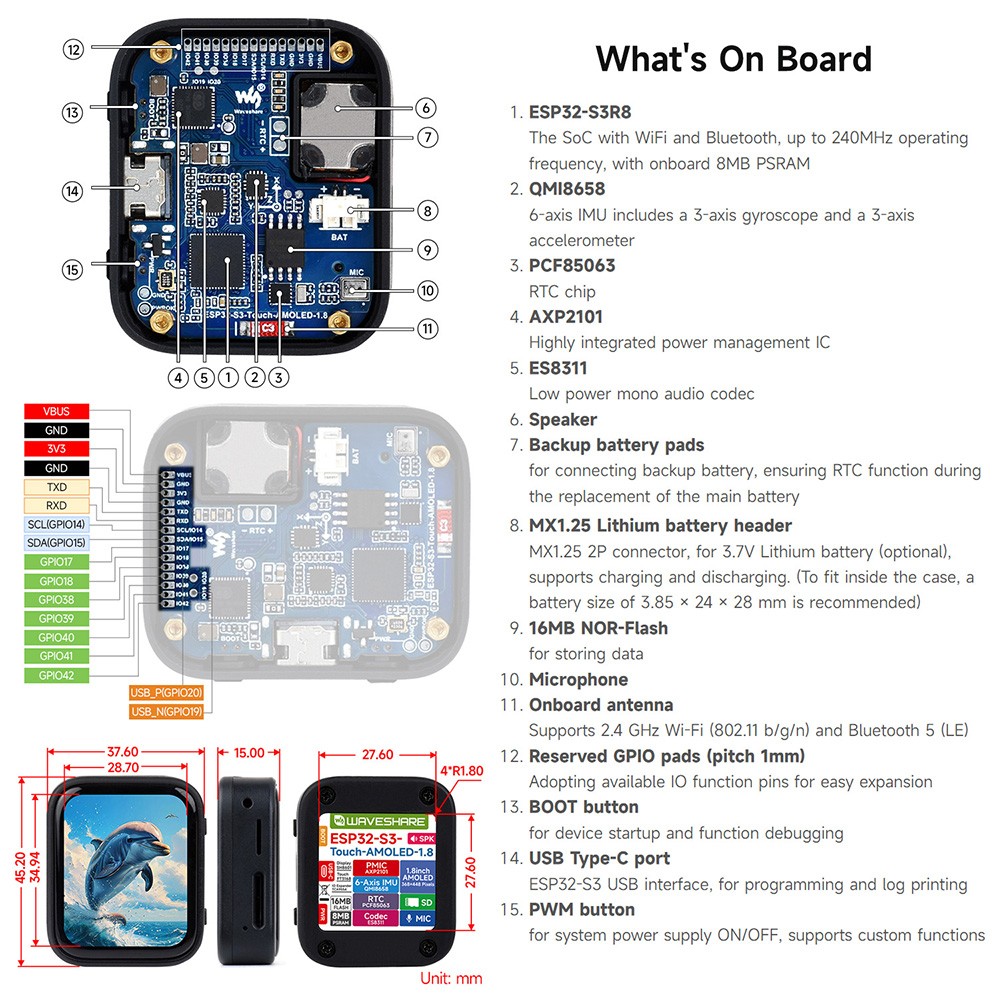 Waveshare ESP32-S3 1.8inch AMOLED Development Board, Touch Display, 32-bit LX7 Dual-core Processor, 368×448 Pixels, Accelerometer And Gyroscope Sensor, without Battery