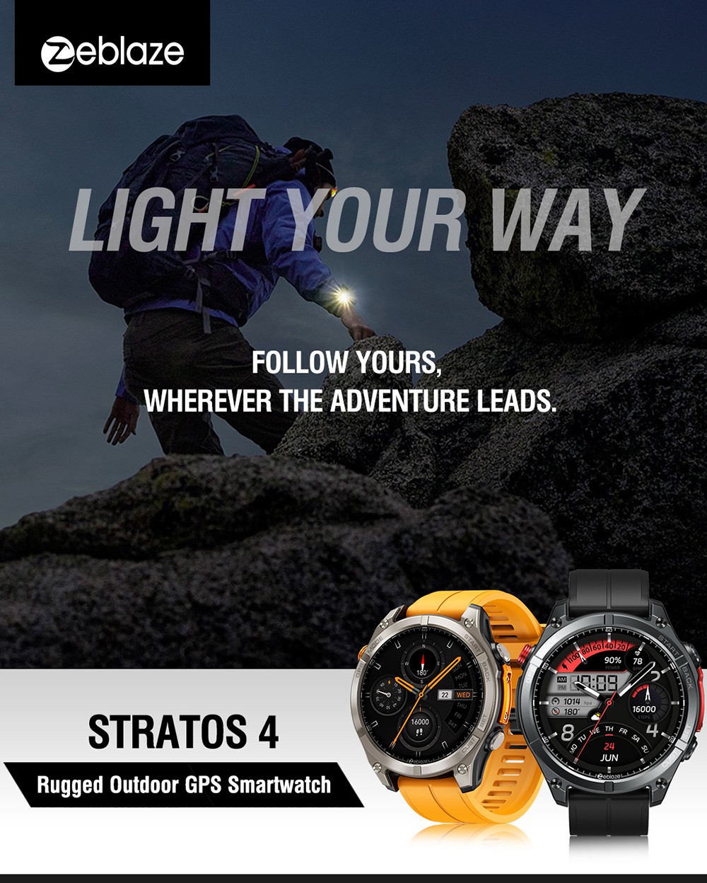 Zeblaze Stratos 4 Rugged Outdoor Smartwatch, 1.43 inch AMOLED Display, 6 Satellite Positioning Systems, Health Monitoring, 170+ Sports Modes, Up to 60 Days Battery Life, Bluetooth Calling - Black