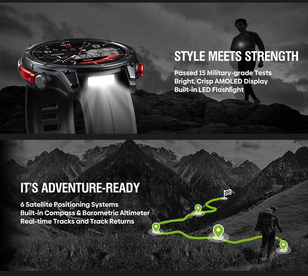 Zeblaze Stratos 4 Rugged Outdoor Smartwatch, 1.43 inch AMOLED Display, 6 Satellite Positioning Systems, Health Monitoring, 170+ Sports Modes, Up to 60 Days Battery Life, Bluetooth Calling - Black