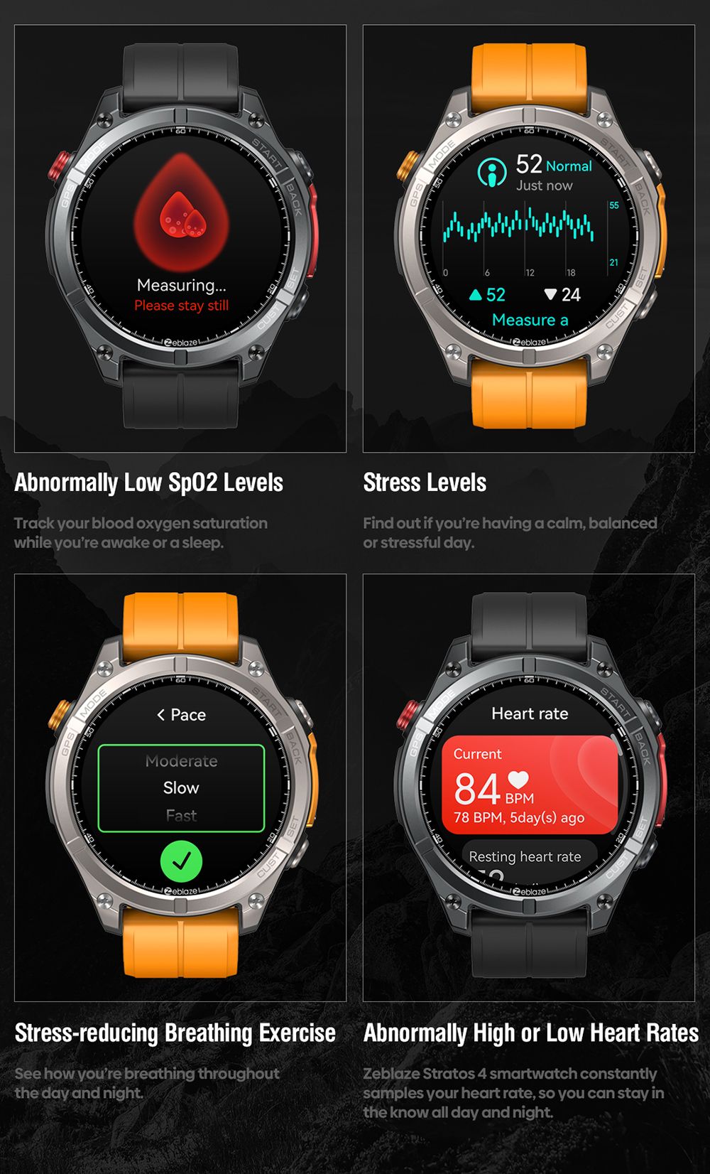 Zeblaze Stratos 4 Rugged Outdoor Smartwatch, 1.43 inch AMOLED Display, 6 Satellite Positioning Systems, Health Monitoring, 170+ Sports Modes, Up to 60 Days Battery Life, Bluetooth Calling - Black