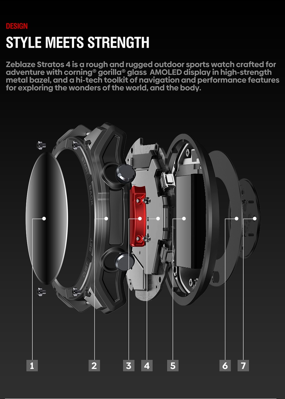 Zeblaze Stratos 4 Rugged Outdoor Smartwatch, 1.43 inch AMOLED Display, 6 Satellite Positioning Systems, Health Monitoring, 170+ Sports Modes, Up to 60 Days Battery Life, Bluetooth Calling - Black