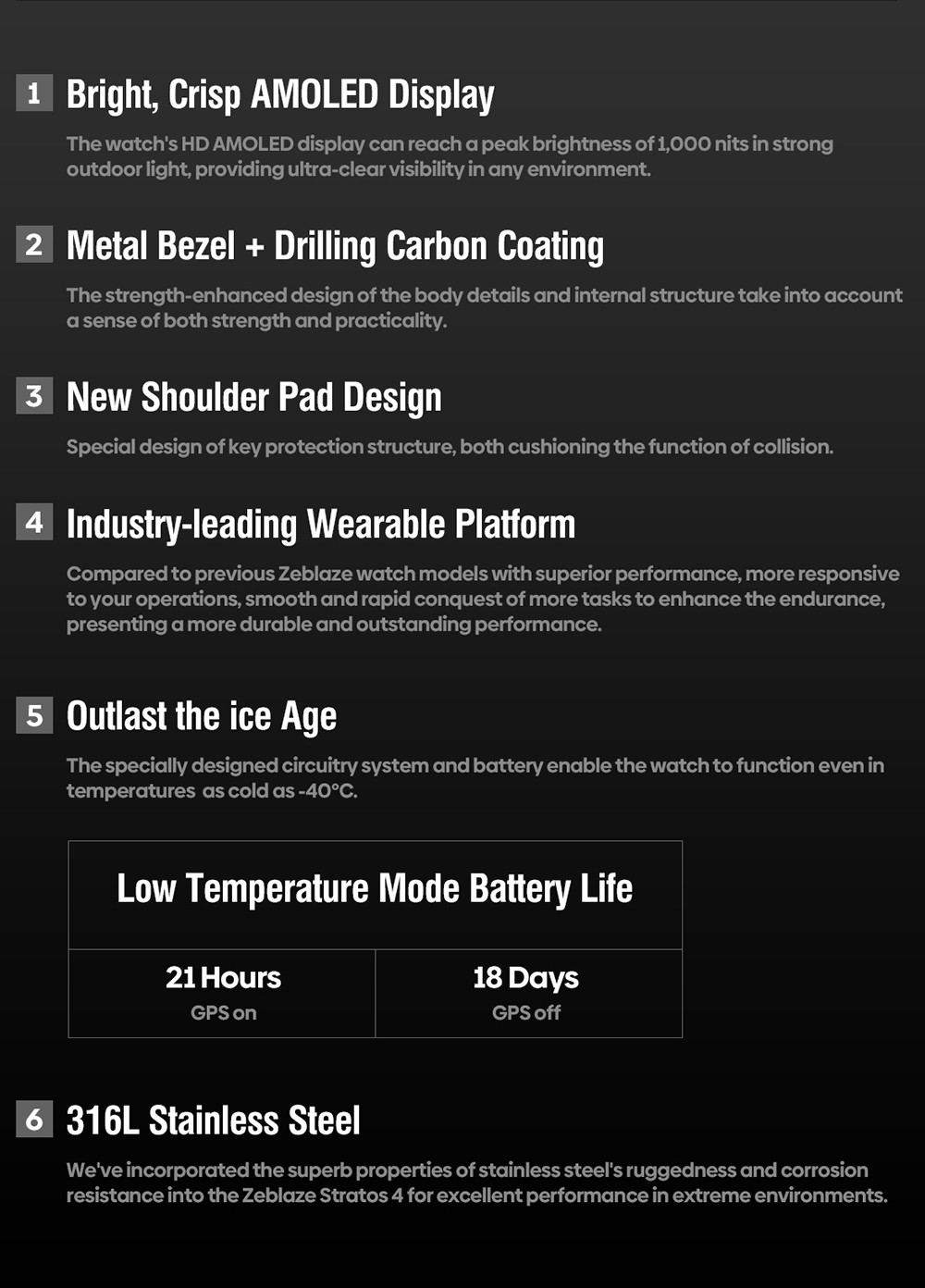 Zeblaze Stratos 4 Rugged Outdoor Smartwatch, 1.43 inch AMOLED Display, 6 Satellite Positioning Systems, Health Monitoring, 170+ Sports Modes, Up to 60 Days Battery Life, Bluetooth Calling - Black