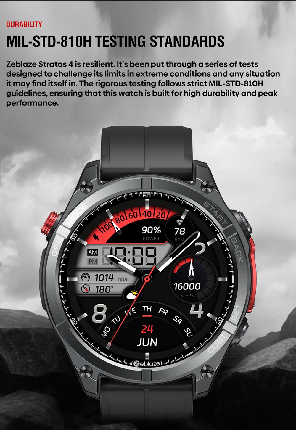 Zeblaze Stratos 4 Rugged Outdoor Smartwatch, 1.43 inch AMOLED Display, 6 Satellite Positioning Systems, Health Monitoring, 170+ Sports Modes, Up to 60 Days Battery Life, Bluetooth Calling - Black