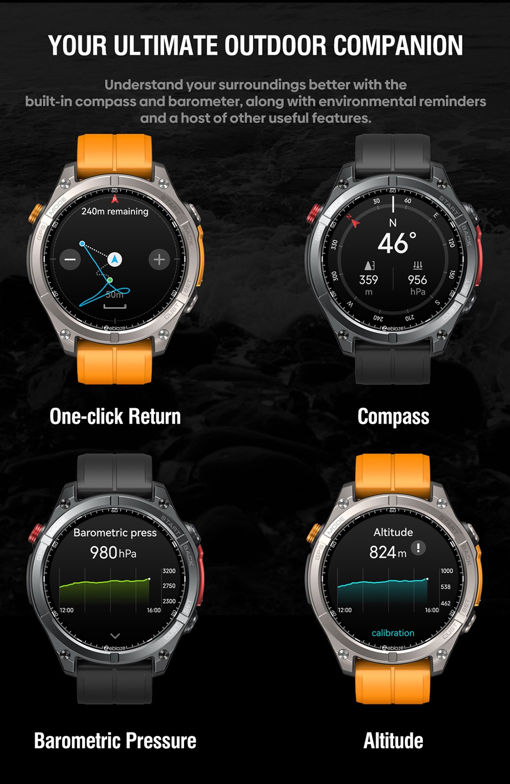 Zeblaze Stratos 4 Rugged Outdoor Smartwatch, 1.43 inch AMOLED Display, 6 Satellite Positioning Systems, Health Monitoring, 170+ Sports Modes, Up to 60 Days Battery Life, Bluetooth Calling - Black