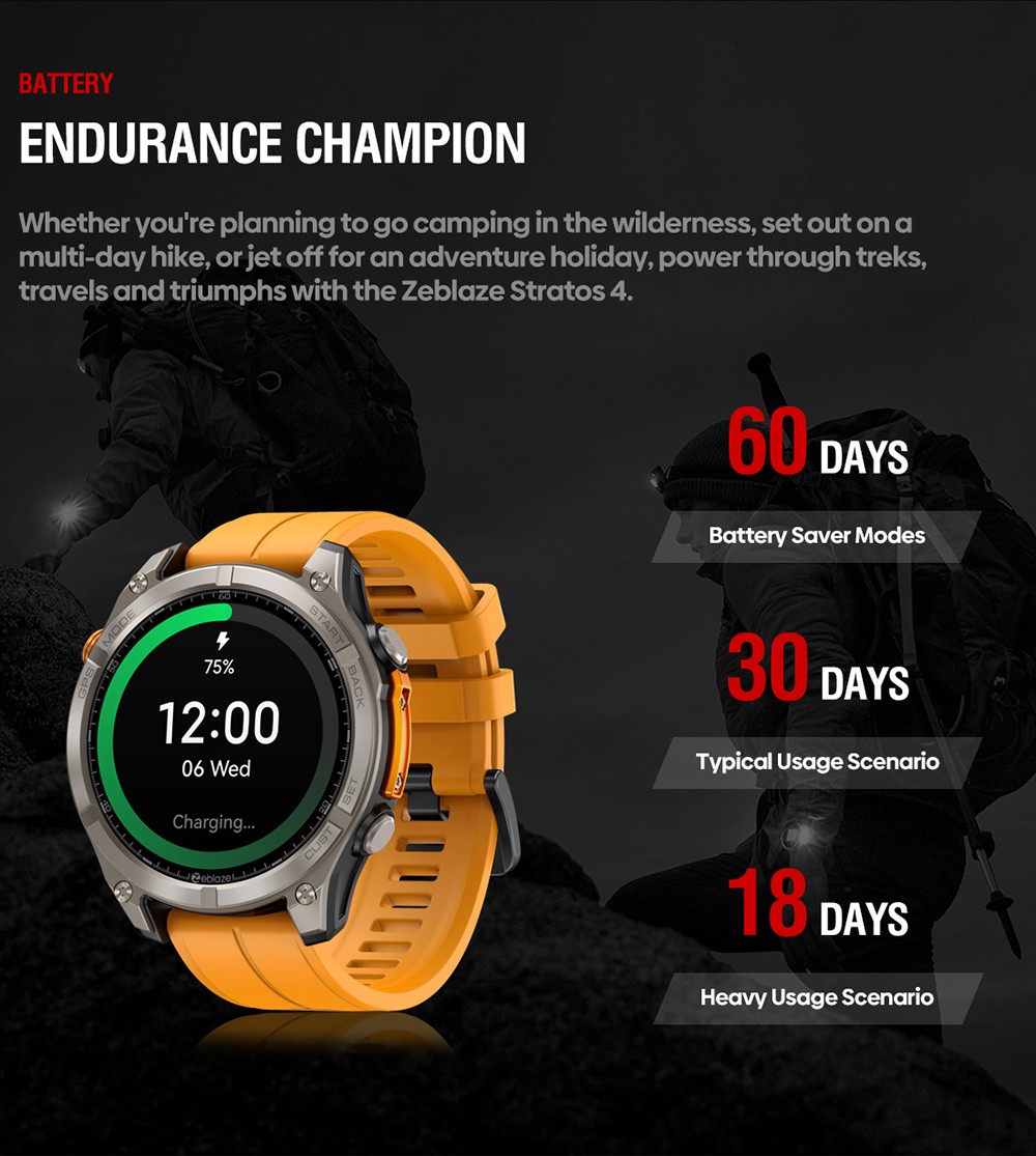 Zeblaze Stratos 4 Rugged Outdoor Smartwatch, 1.43 inch AMOLED Display, 6 Satellite Positioning Systems, Health Monitoring, 170+ Sports Modes, Up to 60 Days Battery Life, Bluetooth Calling - Orange