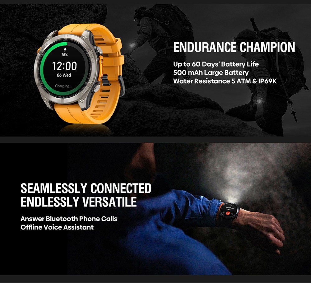 Zeblaze Stratos 4 Rugged Outdoor Smartwatch, 1.43 inch AMOLED Display, 6 Satellite Positioning Systems, Health Monitoring, 170+ Sports Modes, Up to 60 Days Battery Life, Bluetooth Calling - Orange