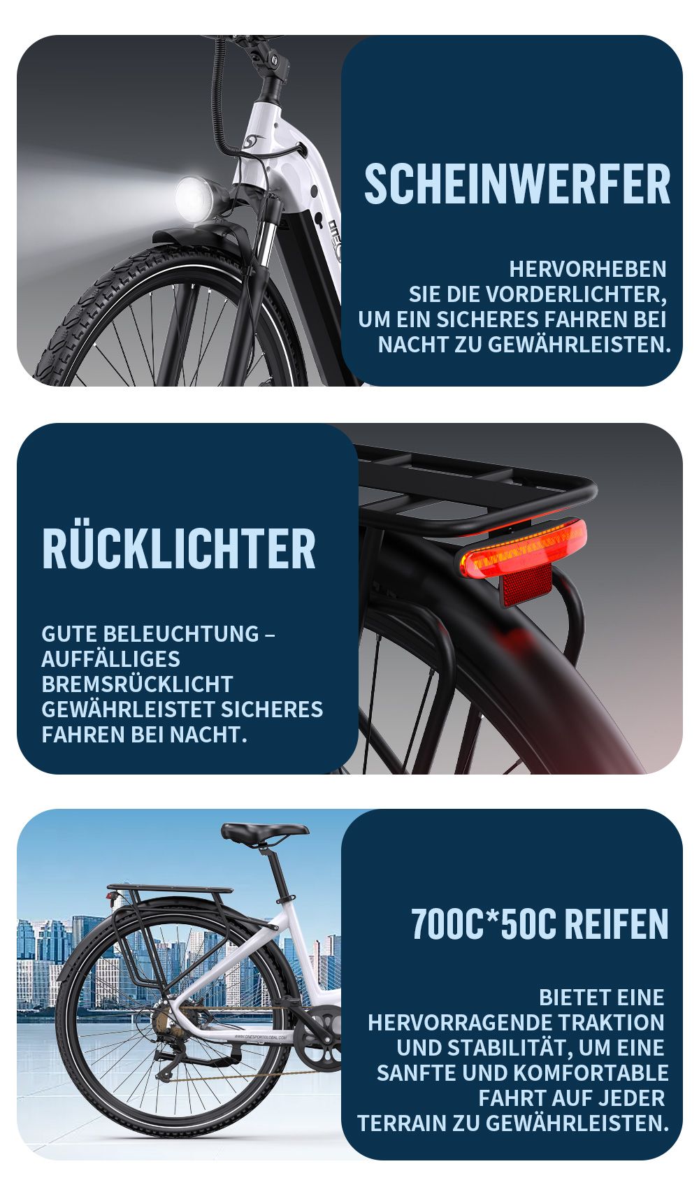 ONESPORT OT05 Pro Elektrofahrrad, 250-W-Motor, 36-V-22,5-Ah-Akku, 700 x 50C-Reifen, 25 km/h H&ouml;chstgeschwindigkeit, 140 km Reichweite, hydraulische Scheibenbremsen, Vorderradgabel mit Federung, Shimano 7-Gang-Schaltung &ndash; Wei&szlig;