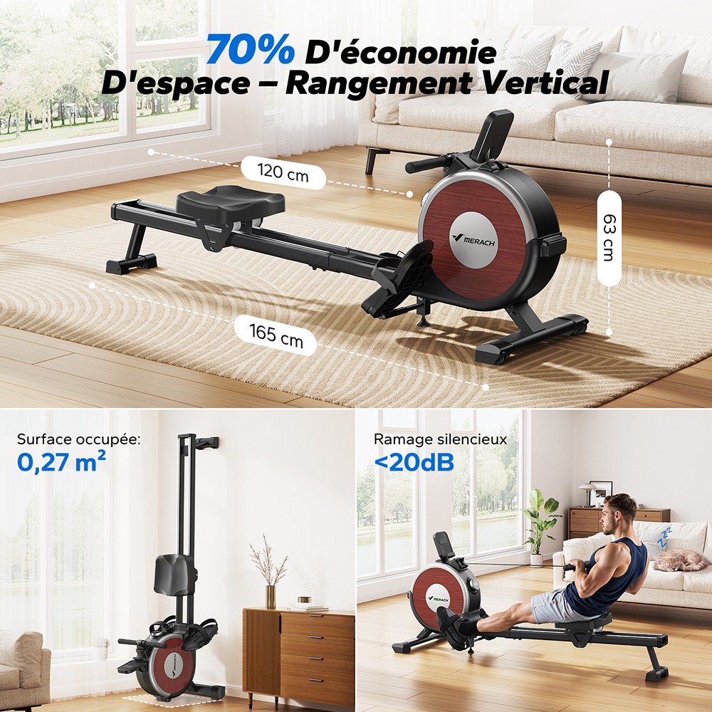 MERACH Q1S Rameur Magn&eacute;tique, 16 Niveaux R&eacute;sistance, 160kg Capacit&eacute;, Double Rail, LCD, Compatible App, R&eacute;glage &eacute;lectrique, Noir