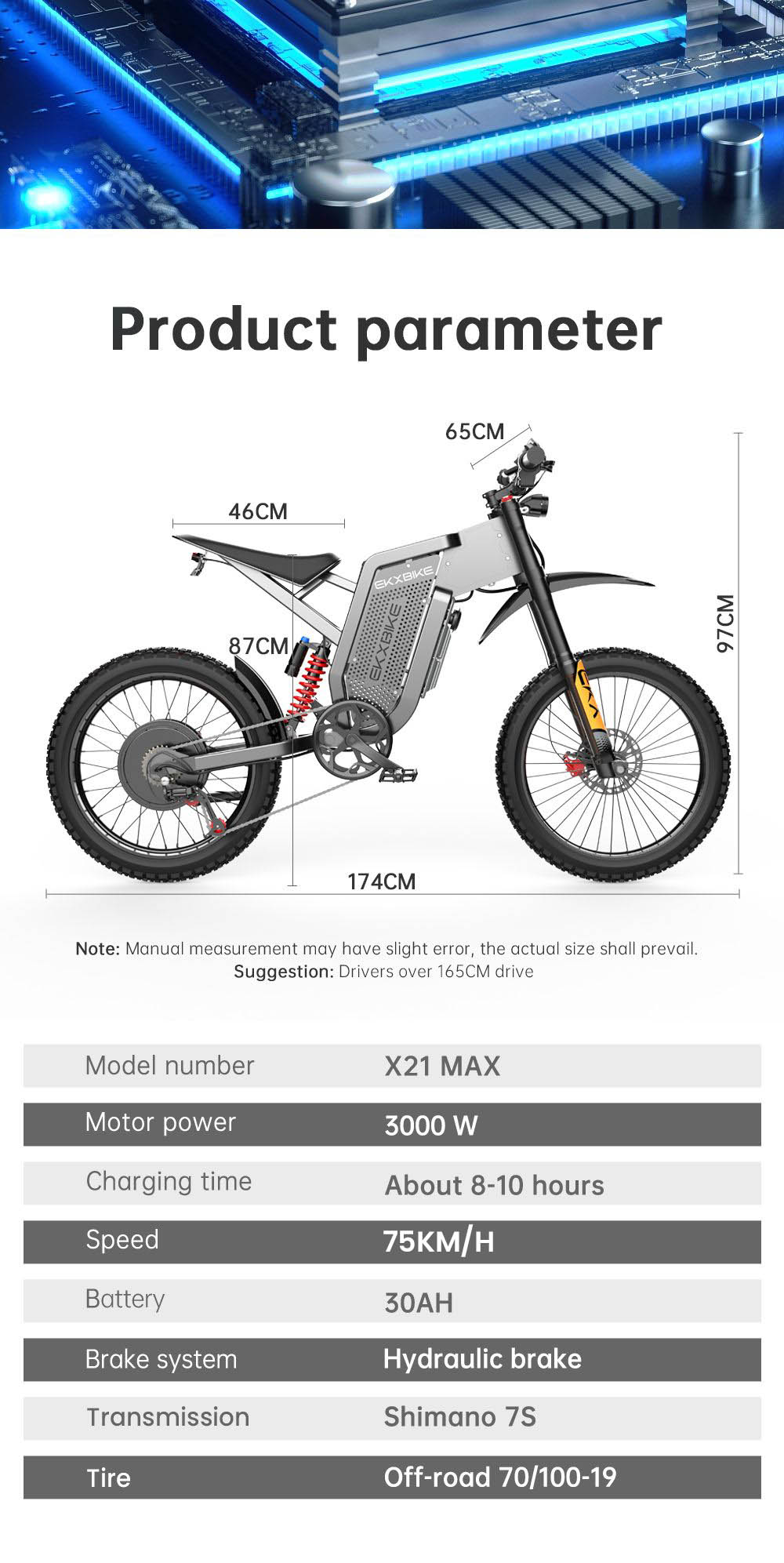 EKXBIKE X21 Max Vélo électrique, moteur 3000 W, batterie 60 V 30 Ah, pneu VTT 19 x 2 pouces, vitesse maximale 75 km/h, autonomie 90 km, freins hydrauliques, amortisseur hydraulique, Shimano 7 vitesses, écran LCD