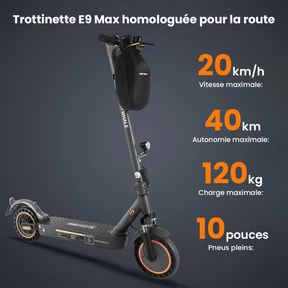 Trottinette &eacute;lectrique HONEY WHALE E9 MAX, moteur 500 W, batterie 36 V 10 Ah, pneu 10 pouces, vitesse maximale 20 km/h, autonomie 35-40 km, frein m&eacute;canique et frein &eacute;lectronique, certification ABE