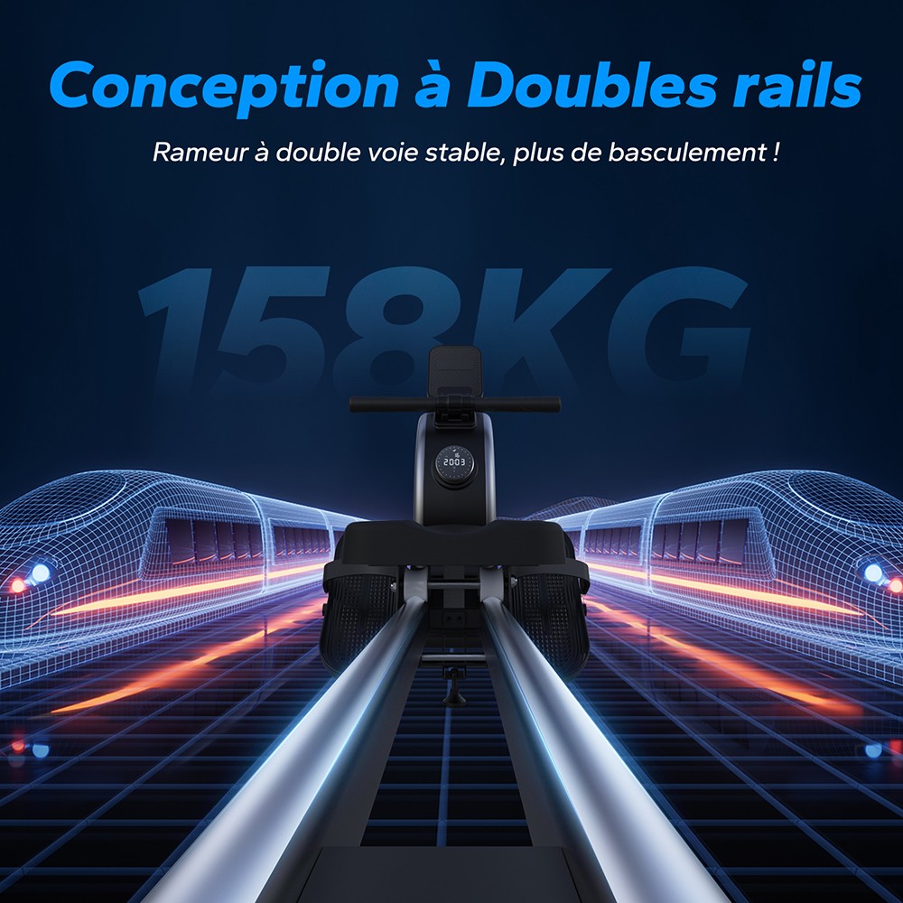 MERACH Q1S Rameur Magn&eacute;tique, 16 Niveaux R&eacute;sistance, 160kg Capacit&eacute;, Double Rail, LCD, Compatible App, R&eacute;glage &eacute;lectrique, Noir