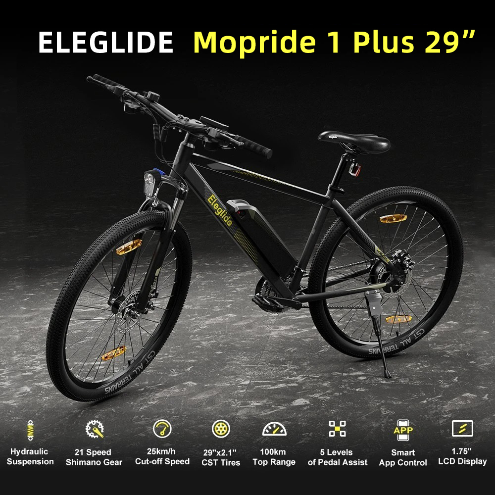 Eleglide Mopride 1 Plus V&eacute;lo &eacute;lectrique, 29 pouces, Batterie 36 V 12,5 Ah, Autonomie de 100 km, Moteur sans balais 250 W, Vitesse maximale de 25 km/h, Shimano 21 vitesses, Freins &agrave; double disque haut de gamme de 100 km, Pneus CST