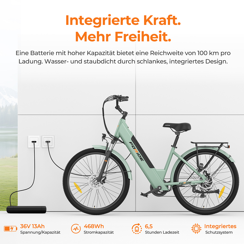 Foride Roamer 1 Step-Thru-Elektrofahrrad, 250-W-Motor, 36-V-13-Ah-Akku, 27,5-Zoll-Reifen, 25 km/h H&ouml;chstgeschwindigkeit, 100 km maximale Reichweite, Scheibenbremse, Federung mit Sperre, Shimano 7-Gang-Schaltung &ndash; Gr&uuml;n