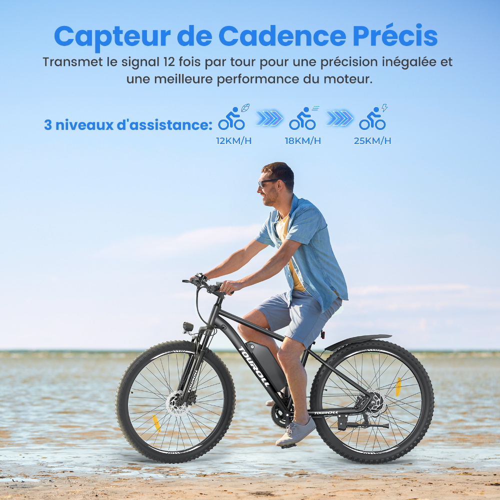 Touroll U2 V&eacute;lo &eacute;lectrique, moteur 250 W, batterie 48 V 15 Ah, pneus 29 pouces, vitesse maximale 25 km/h, autonomie 150 km, freins &agrave; disque hydrauliques, fourche &agrave; suspension, Shimano 7 vitesses