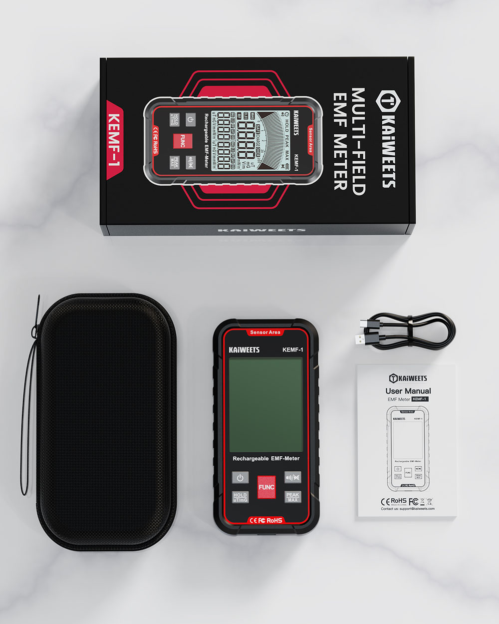 D&eacute;tecteur de rayonnement &eacute;lectromagn&eacute;tique KAIWEETS KEMF-1, donn&eacute;es EF/MF/RF, affichage LED, port de charge Type-C