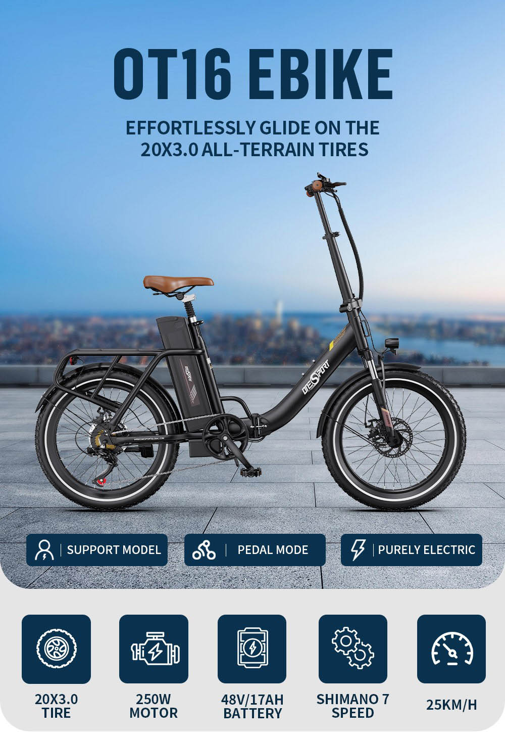 ONESPORT OT16 Electric Bike 20*3.0 inch Tires, 48V 17Ah Battery 25km/h Max Speed 3 Riding Modes 7-Speeds Disc Brakes - Black&Brown