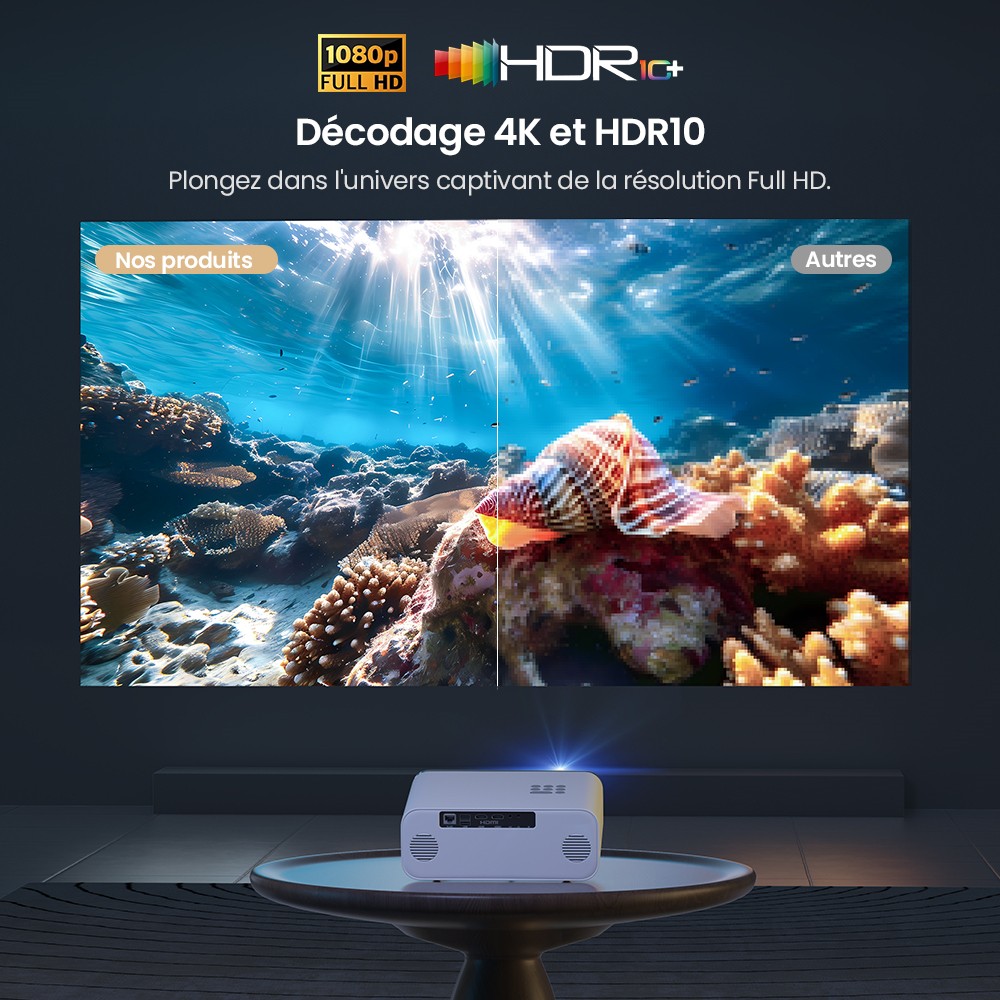 Projecteur Android Hunkstar P3 1000 ANSI, 1080P natif, d&eacute;codage 4K, HDR10, correction automatique du trap&egrave;ze et mise au point automatique, Android 9.0, Bluetooth 5.0, WiFi 6, 2 haut-parleurs 5 W