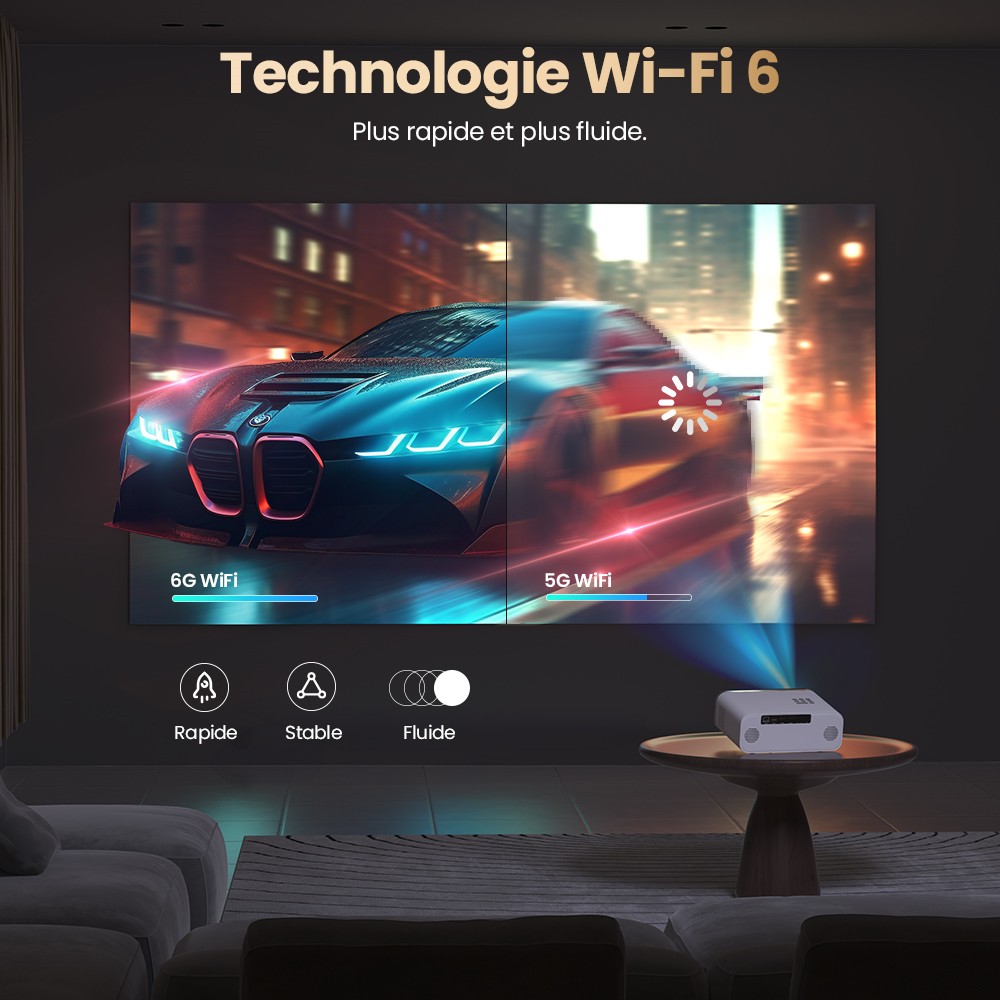 Projecteur Android Hunkstar P3 1000 ANSI, 1080P natif, d&eacute;codage 4K, HDR10, correction automatique du trap&egrave;ze et mise au point automatique, Android 9.0, Bluetooth 5.0, WiFi 6, 2 haut-parleurs 5 W