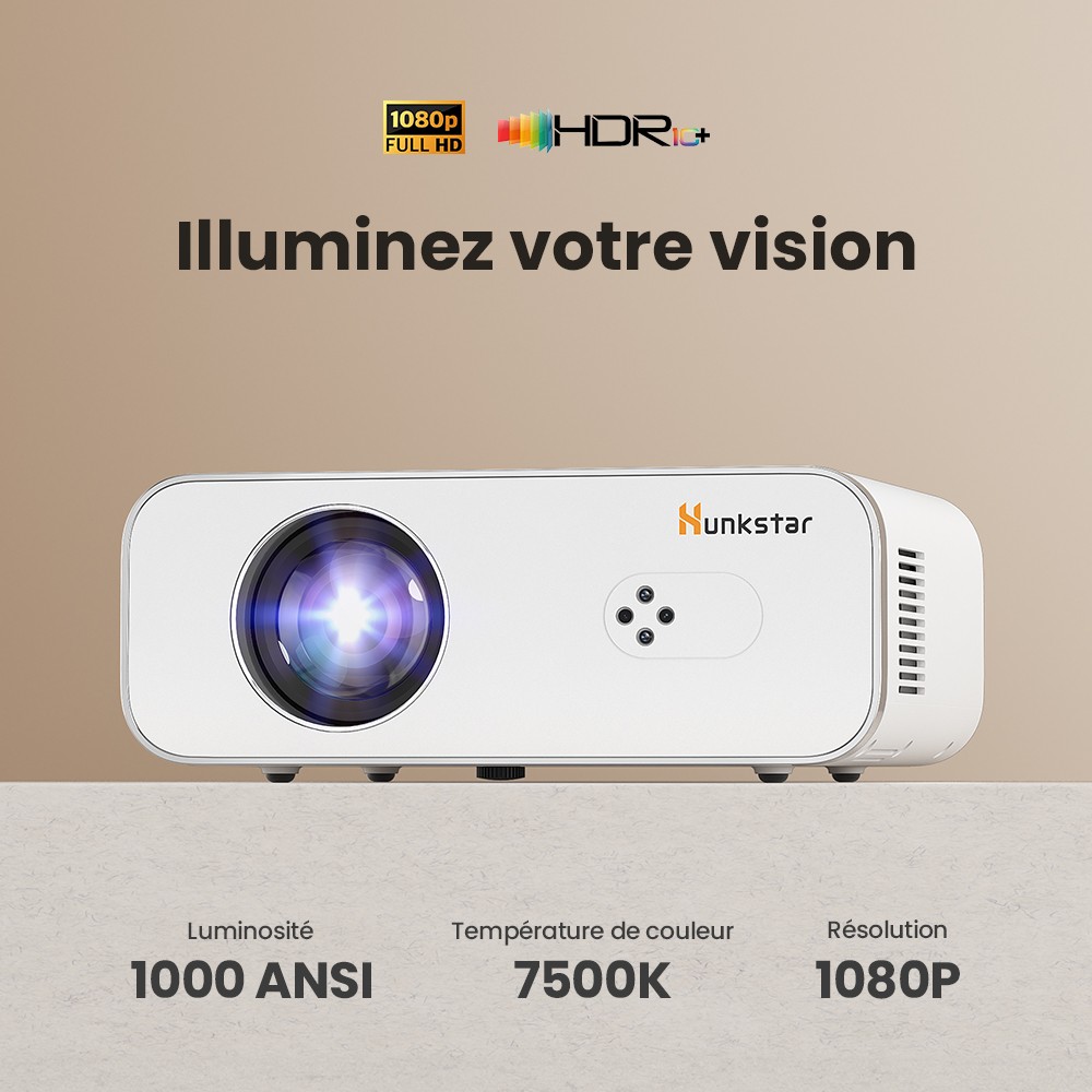 Projecteur Android Hunkstar P3 1000 ANSI, 1080P natif, d&eacute;codage 4K, HDR10, correction automatique du trap&egrave;ze et mise au point automatique, Android 9.0, Bluetooth 5.0, WiFi 6, 2 haut-parleurs 5 W