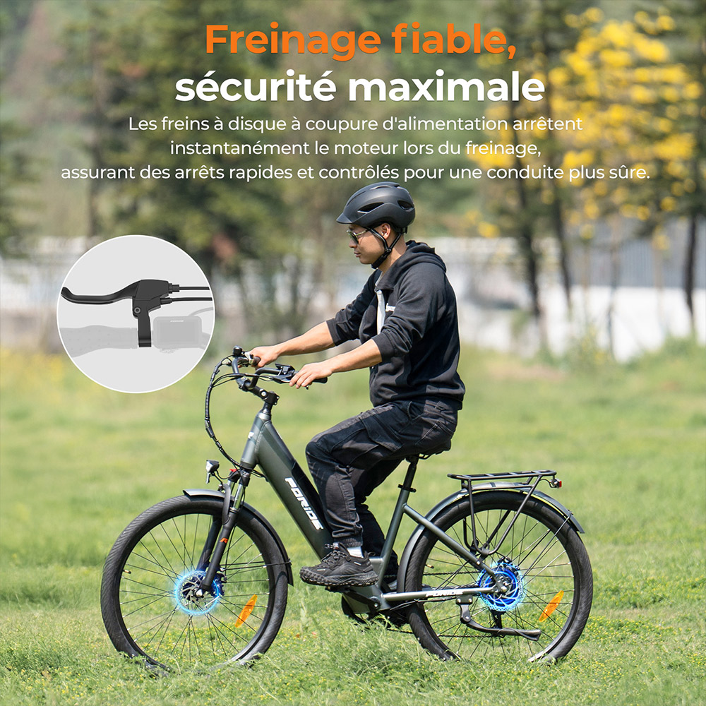Foride Roamer 1 V&eacute;lo &eacute;lectrique, moteur 250 W, batterie 36 V 13 Ah, pneus 27,5 pouces, vitesse maximale 25 km/h, autonomie maximale 100 km, freins &agrave; disque, suspension avec blocage, Shimano 7 vitesses - Gris