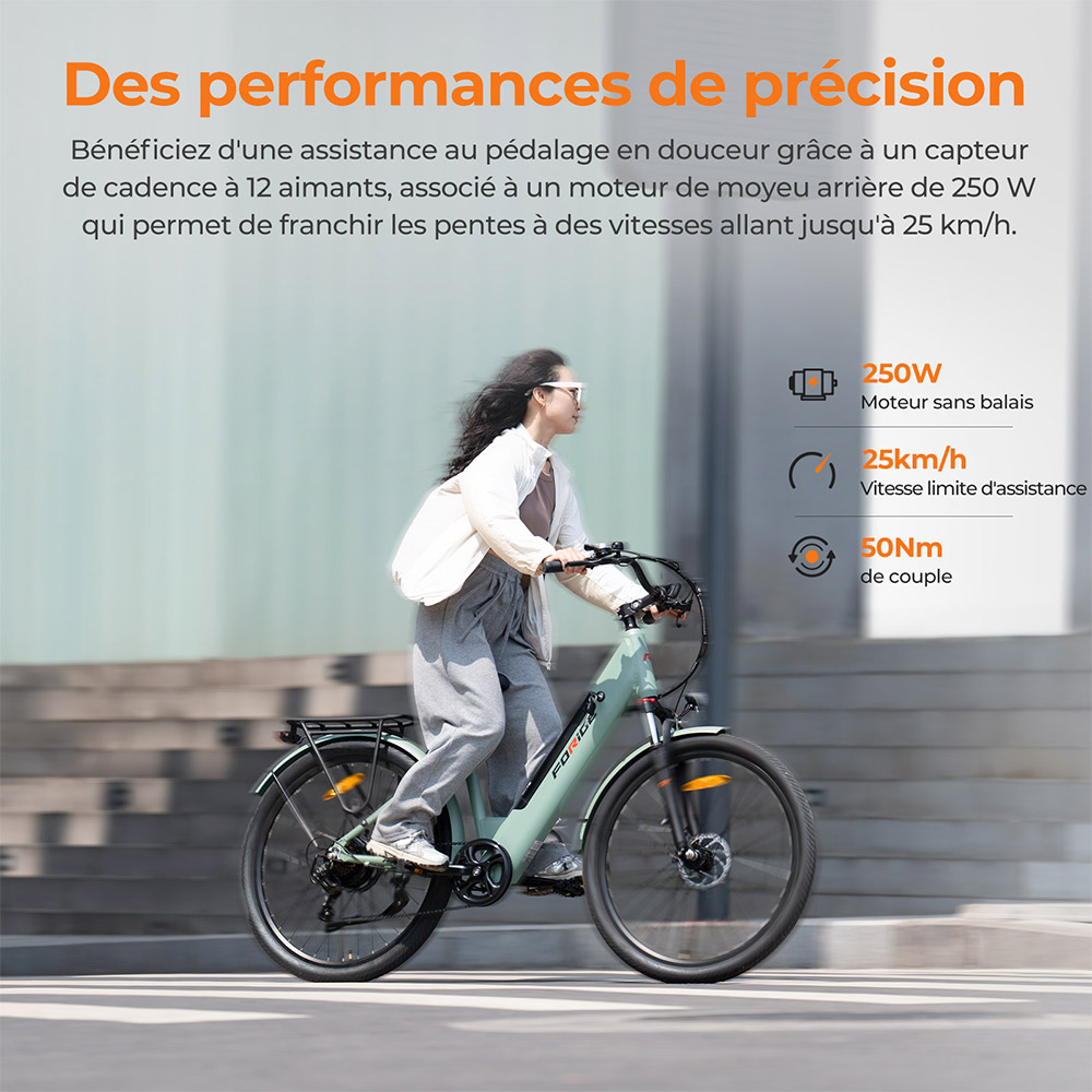 Foride Roamer 1 V&eacute;lo &eacute;lectrique, moteur 250 W, batterie 36 V 13 Ah, pneus 27,5 pouces, vitesse maximale 25 km/h, autonomie maximale 100 km, frein &agrave; disque, suspension avec blocage, Shimano 7 vitesses - Vert