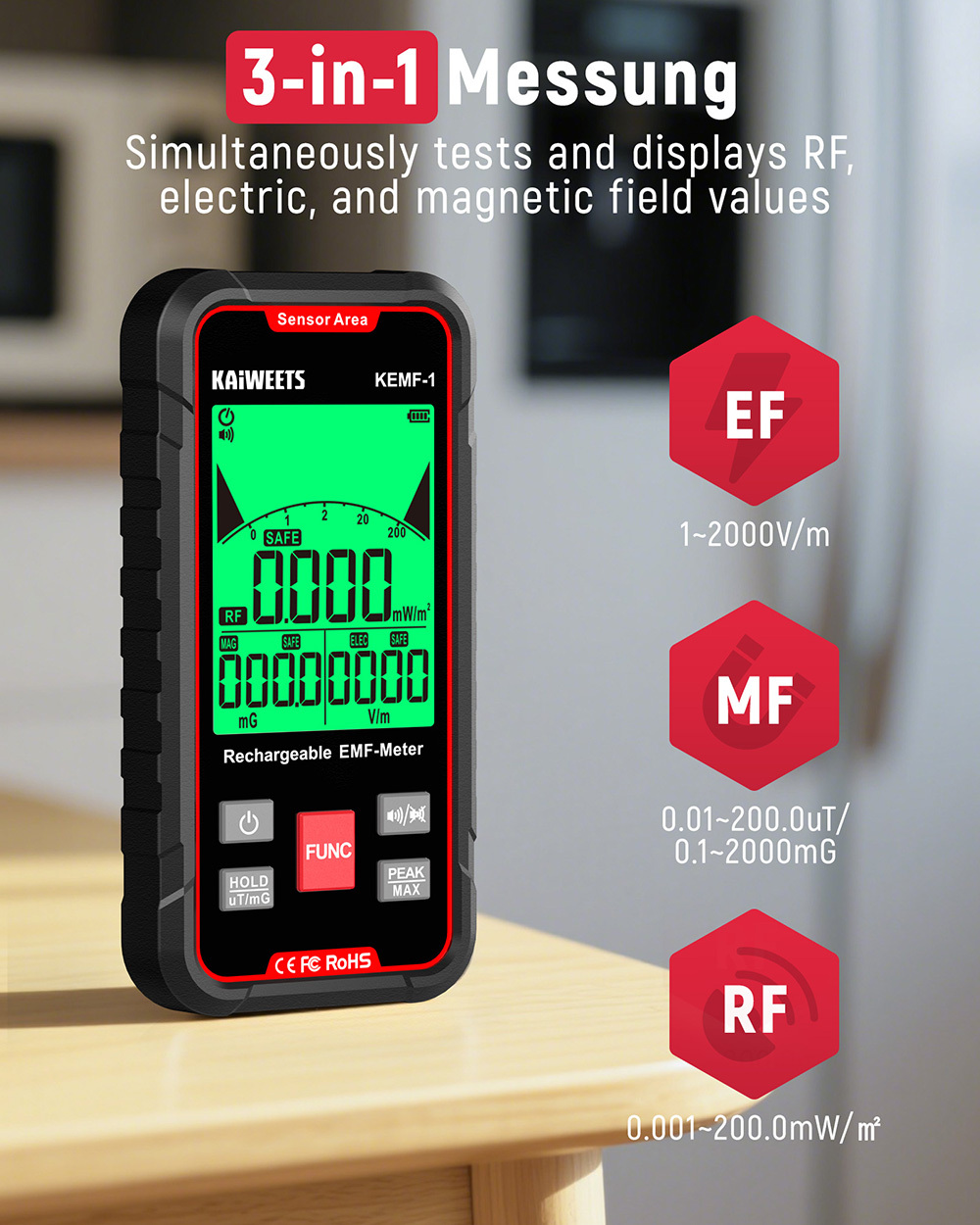 KAIWEETS KEMF-1 EMF-Strahlungsdetektor, EF/MF/RF-Daten, LED-Anzeige, Typ-C-Ladeanschluss
