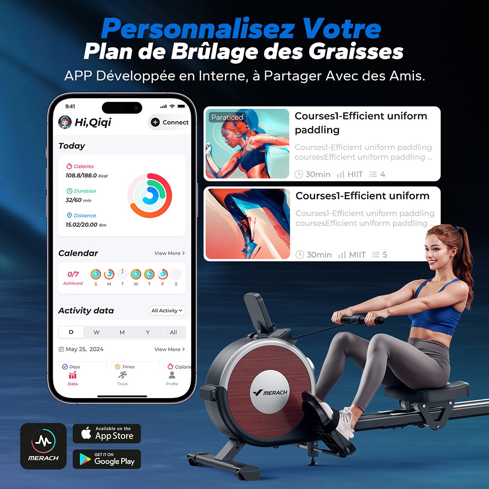 MERACH Q1S Rameur Magn&eacute;tique, 16 Niveaux R&eacute;sistance, 160kg Capacit&eacute;, Double Rail, LCD, Compatible App, R&eacute;glage &eacute;lectrique, Noir