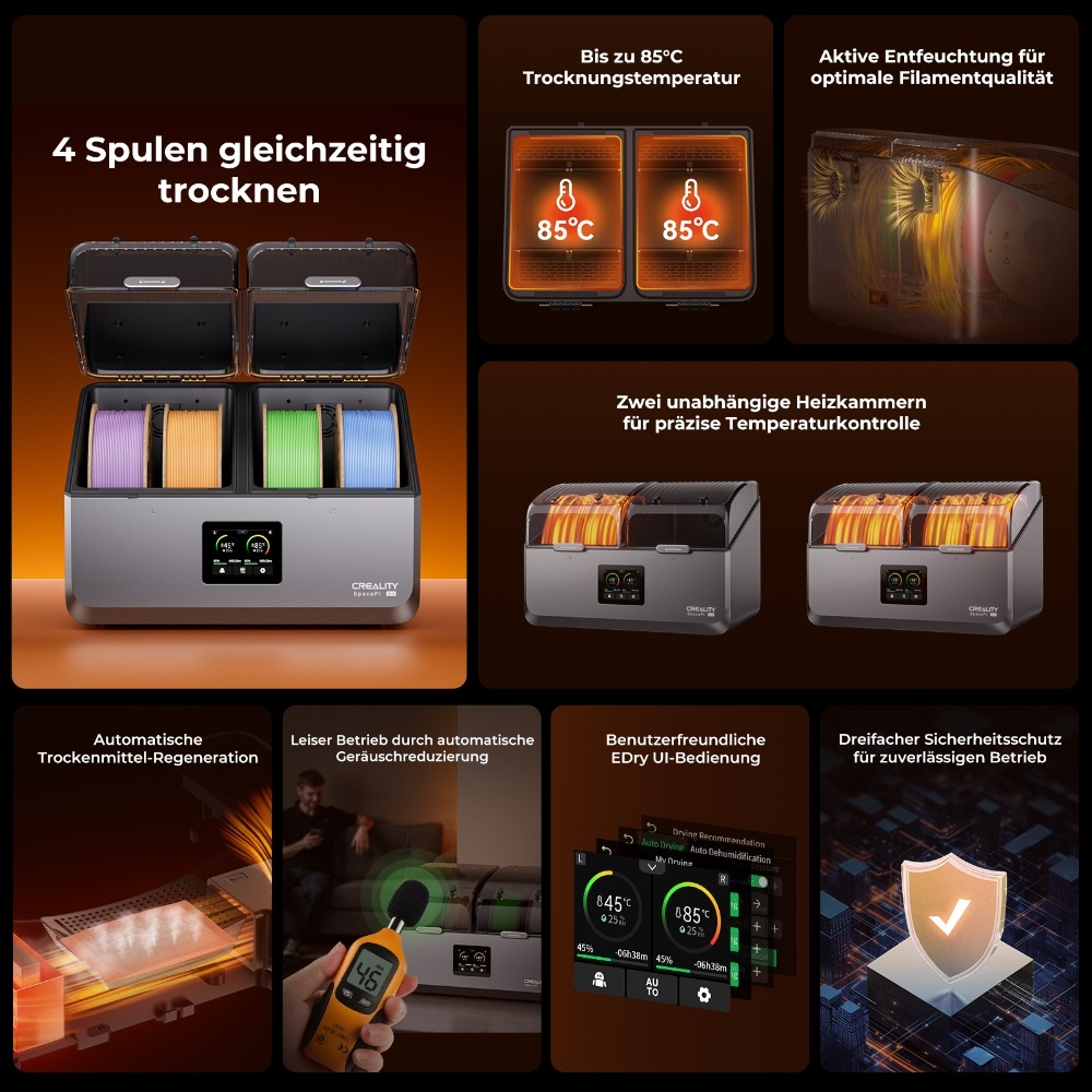 Creality SpacePi X4 Filament-Trockner, 4-Spulen Lagerung, Doppel-Heizkammern, 85&deg;C, f&uuml;r PLA/TPU/PETG/ABS/Nylon