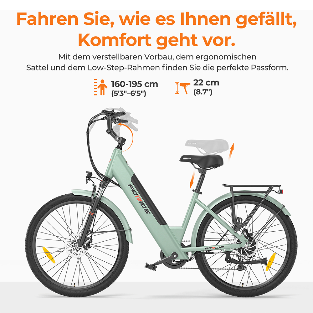 Foride Roamer 1 Step-Thru-Elektrofahrrad, 250-W-Motor, 36-V-13-Ah-Akku, 27,5-Zoll-Reifen, 25 km/h H&ouml;chstgeschwindigkeit, 100 km maximale Reichweite, Scheibenbremse, Federung mit Sperre, Shimano 7-Gang-Schaltung &ndash; Gr&uuml;n