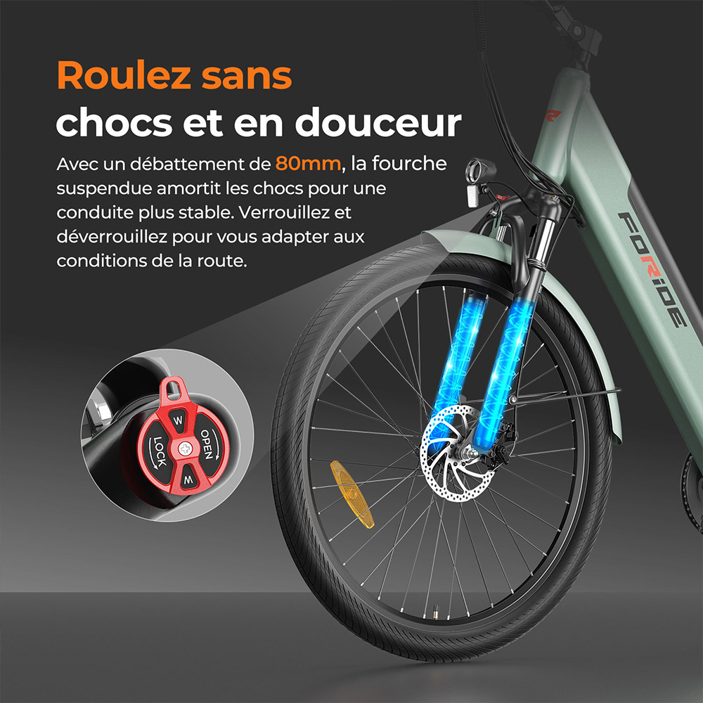 Foride Roamer 1 V&eacute;lo &eacute;lectrique, moteur 250 W, batterie 36 V 13 Ah, pneus 27,5 pouces, vitesse maximale 25 km/h, autonomie maximale 100 km, frein &agrave; disque, suspension avec blocage, Shimano 7 vitesses - Vert