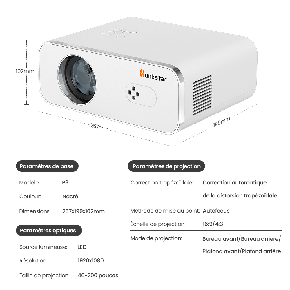 Projecteur Android Hunkstar P3 1000 ANSI, 1080P natif, d&eacute;codage 4K, HDR10, correction automatique du trap&egrave;ze et mise au point automatique, Android 9.0, Bluetooth 5.0, WiFi 6, 2 haut-parleurs 5 W