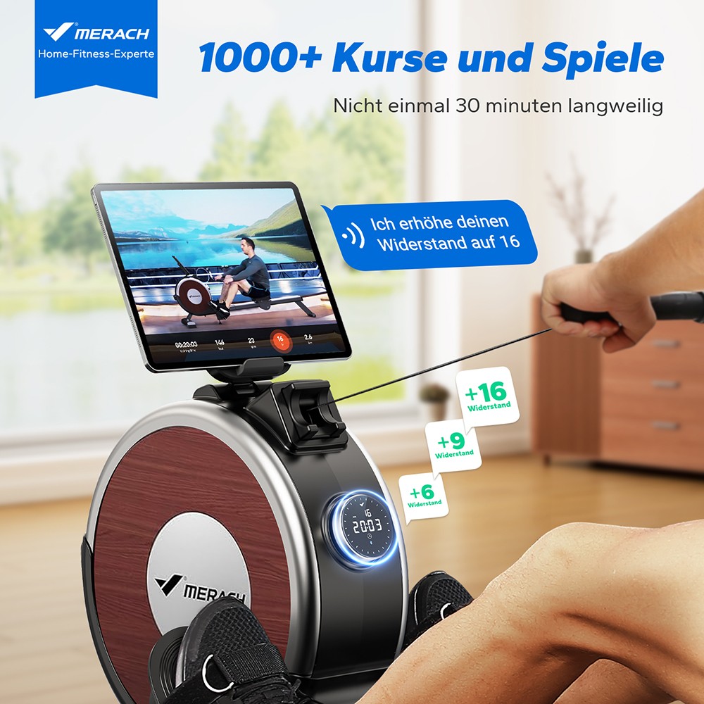 MERACH Q1S Magnetisches Ruderger&auml;t, 16-stufiger Widerstand, 158kg Kapazit&auml;t, Doppelschiene, LCD-Monitor, App-kompatibel, Elektrische Einstellung, Schwarz