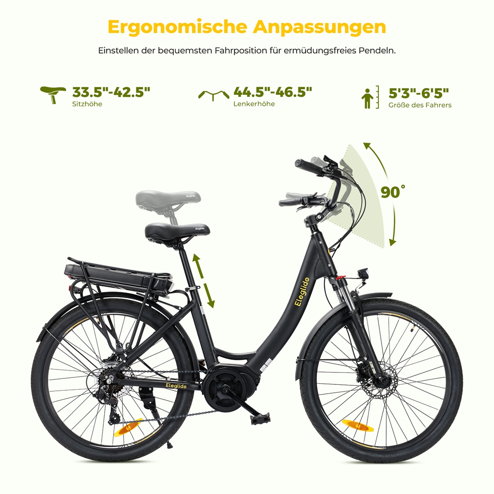Eleglide C2 Elektrofahrrad, 250-W-Mittelmotor, 36-V-13-Ah-Akku, 26-Zoll-Reifen, 25 km/h H&ouml;chstgeschwindigkeit, 100 km Reichweite, hydraulische Scheibenbremse, Federung mit Sperre, Shimano 7-Gang