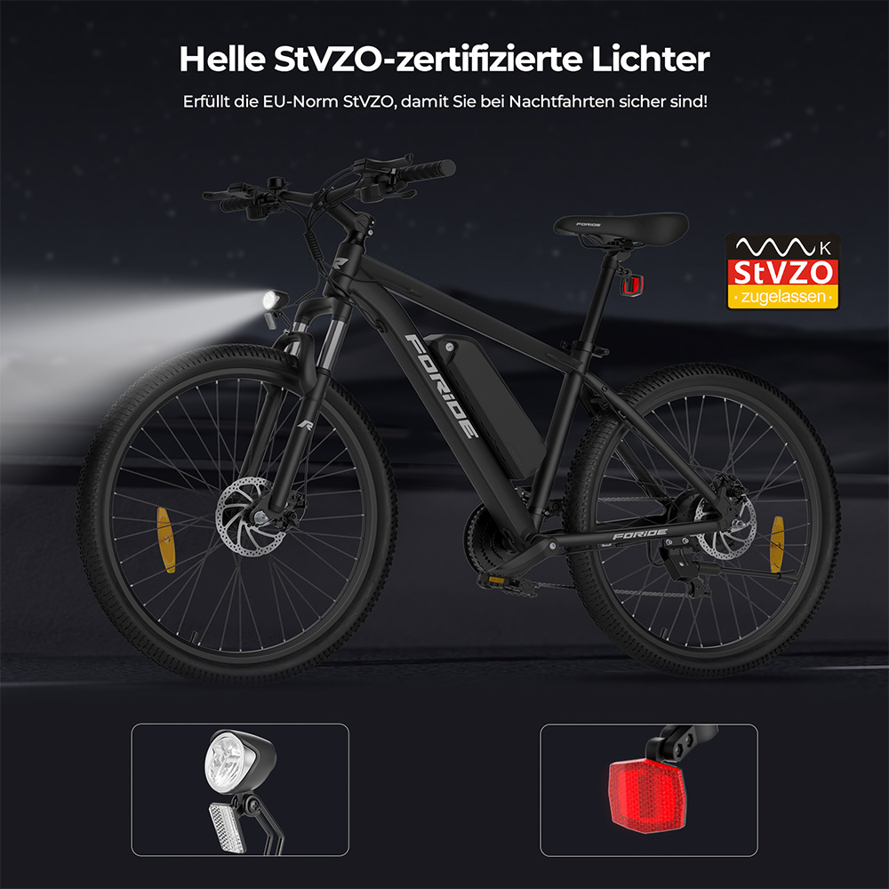 Foride Xtremer 1 V&eacute;lo &eacute;lectrique, moteur 250 W, batterie 36 V 13 Ah, pneus 27,5 pouces, vitesse maximale 25 km/h, autonomie maximale 100 km, freins &agrave; disque et freins &agrave; main, suspension avec blocage, transmission Shimano 21 vitesses